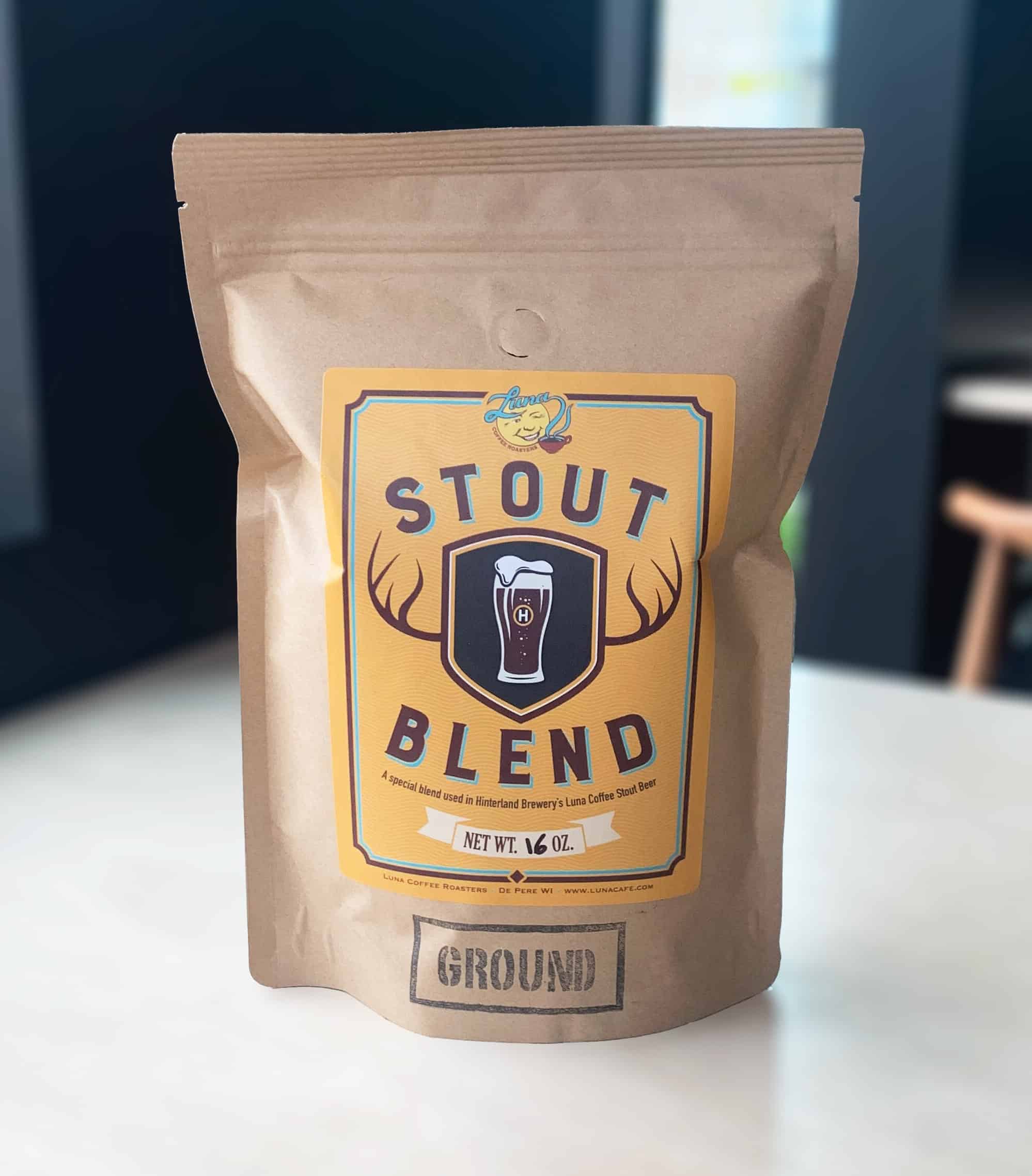 A brown bag of coffee labeled as Stout Blend.